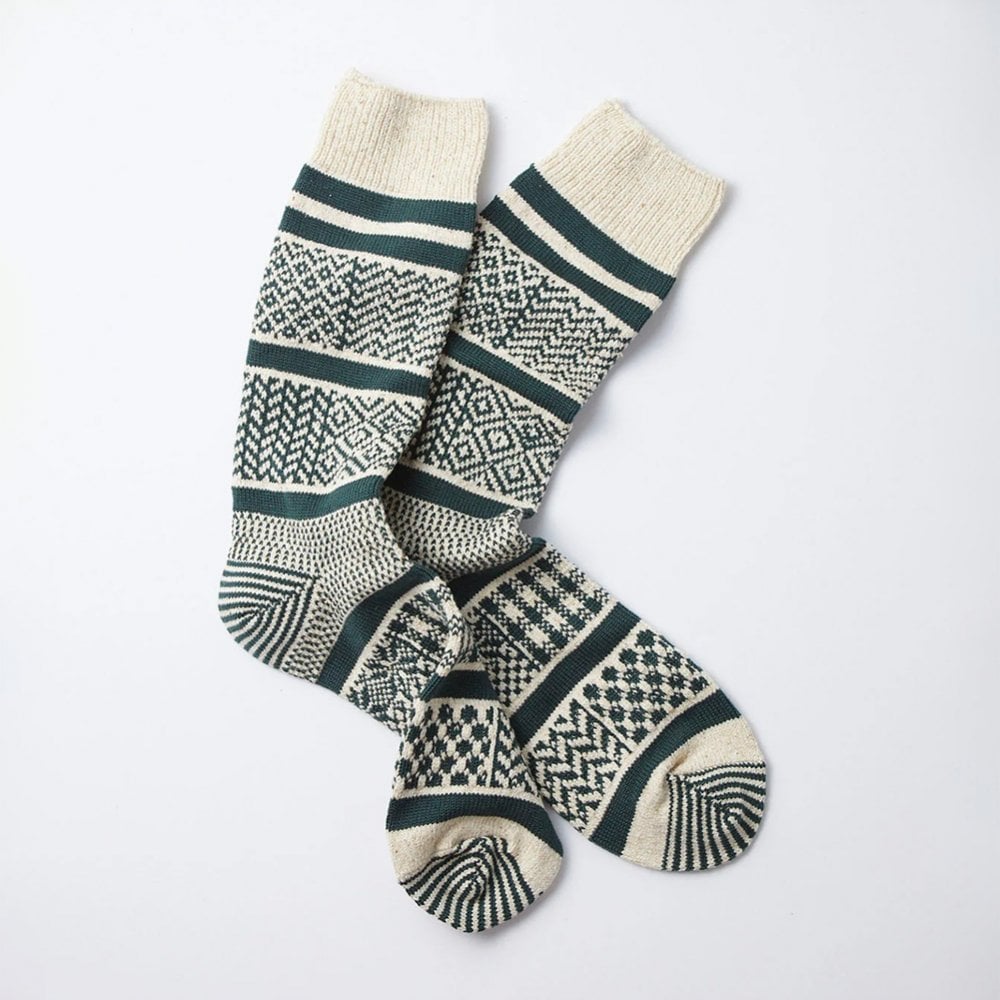 Multi Jacquard Crew Socks - Ivory / Dark Green