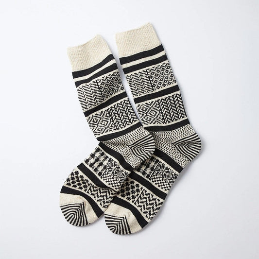 Multi Jacquard Crew Socks - Ivory / Black