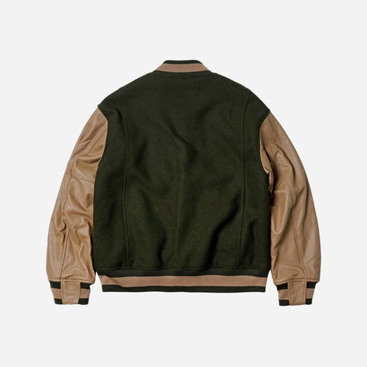 Cowhide Leather Varsity Jacket - Olive