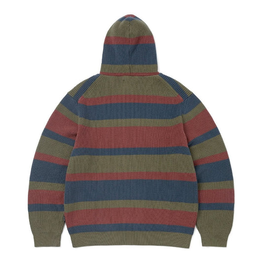 Striped Waffle Knit Hoodie - Olive