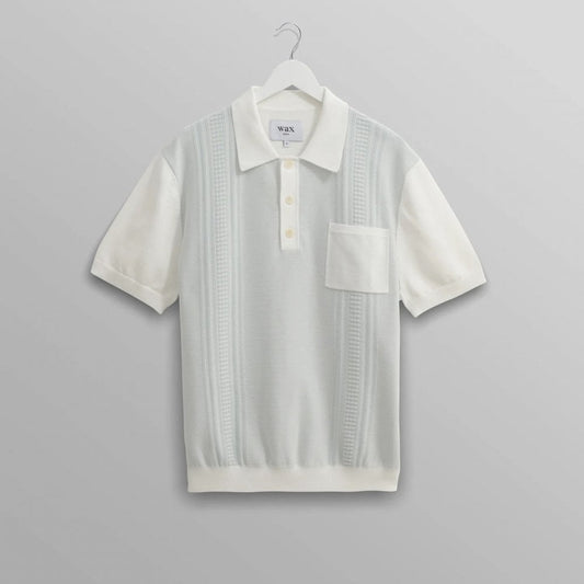 Turin Knitted Pocket Polo - Pale Blue / Ecru (Retro Stripe)