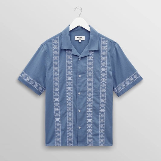 Didcot SS Shirt, Placement Border - Blue / Ecru