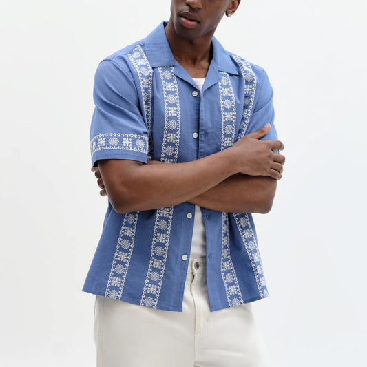 Didcot SS Shirt, Placement Border - Blue / Ecru