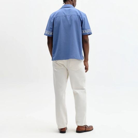 Didcot SS Shirt, Placement Border - Blue / Ecru