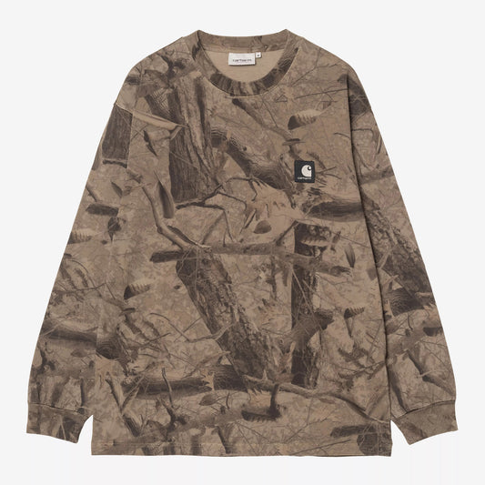 L/S Feather Tree T-Shirt - Camo Feather Tree, Khaki / Shungite garment dyed