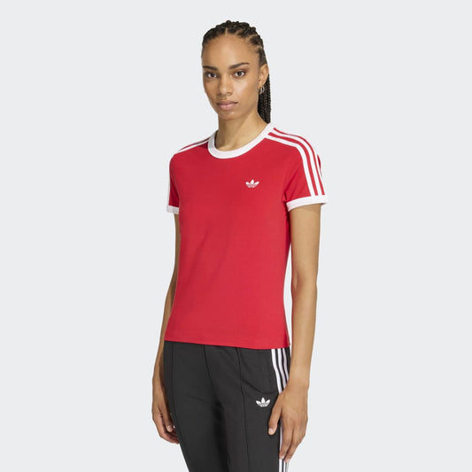 Womens 3 Stripes Slim T-Shirt - Better Scarlet / White