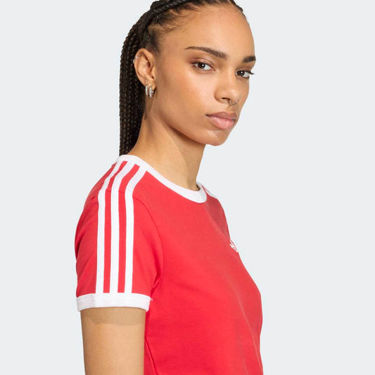 Womens 3 Stripes Slim T-Shirt - Better Scarlet / White