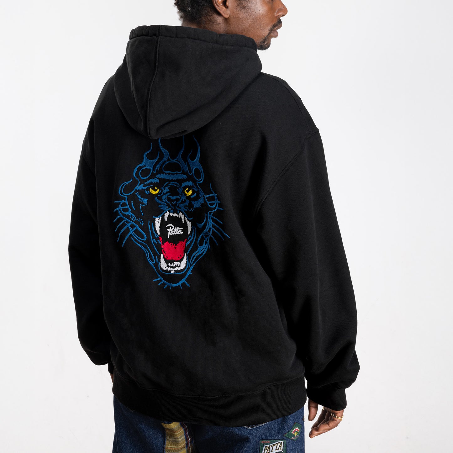 Embroidered Fire Panther Hooded Sweater - Black