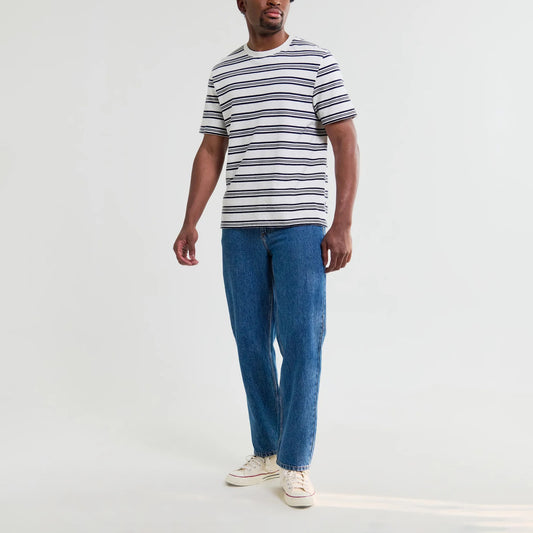 Dean SS Tee, Thin Textured Stripe - Ecru / Navy