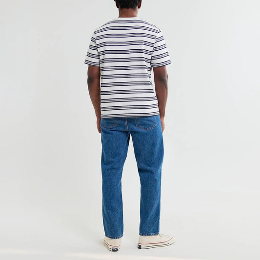 Dean SS Tee, Thin Textured Stripe - Ecru / Navy