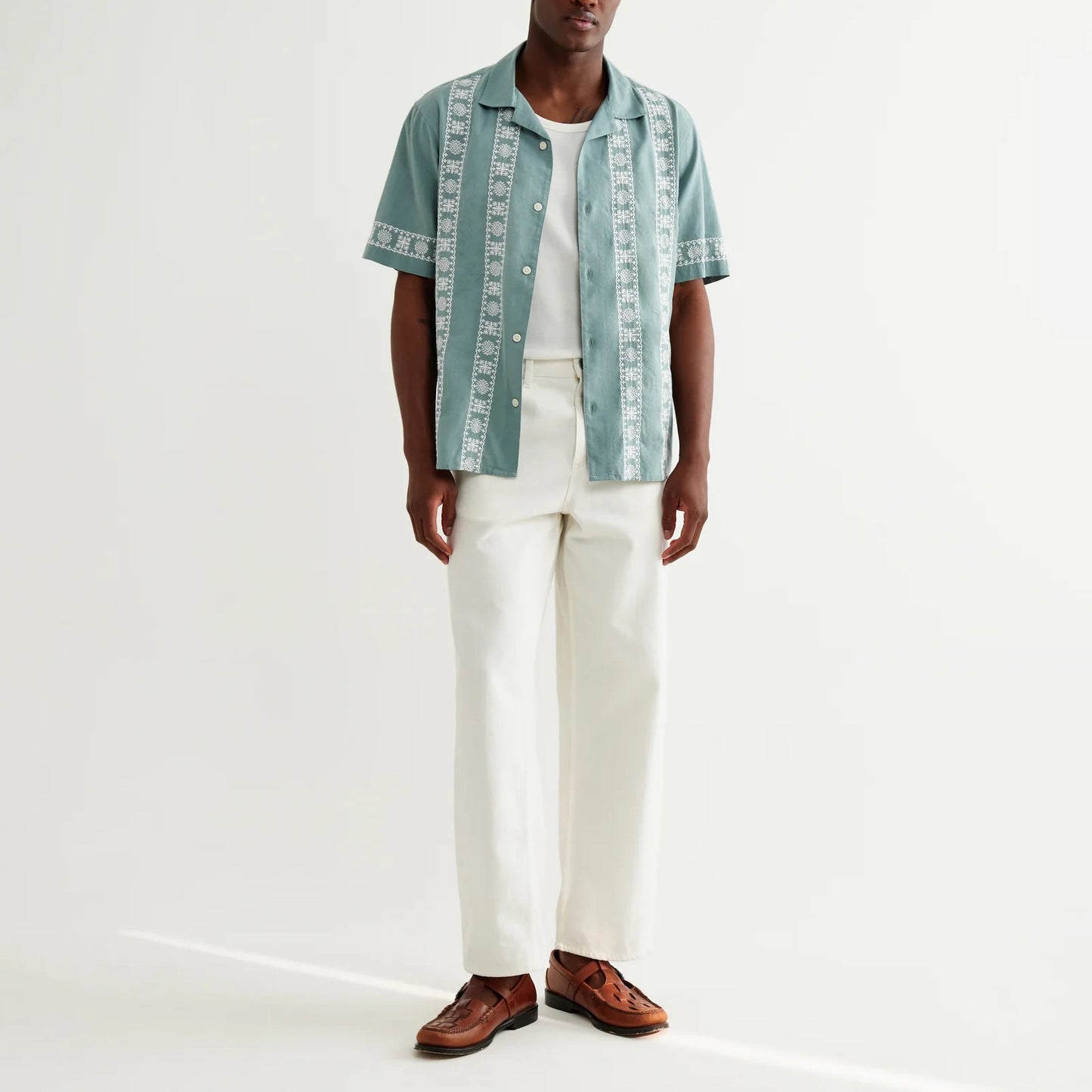 Didcot SS Shirt, Placement Border - Sea Green / Ecru