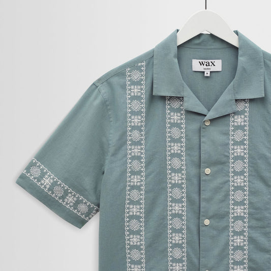 Didcot SS Shirt, Placement Border - Sea Green / Ecru