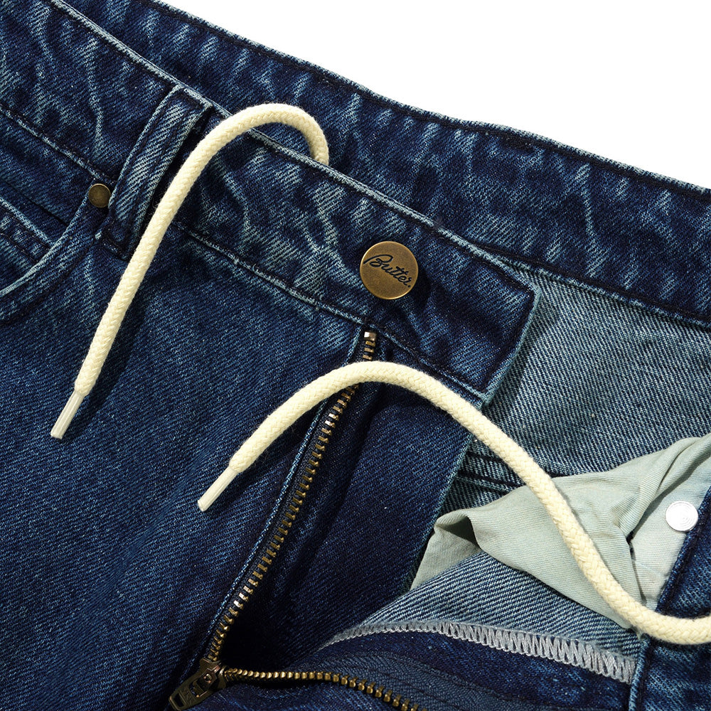 Straight Leg Denim Jeans - Distressed Indigo