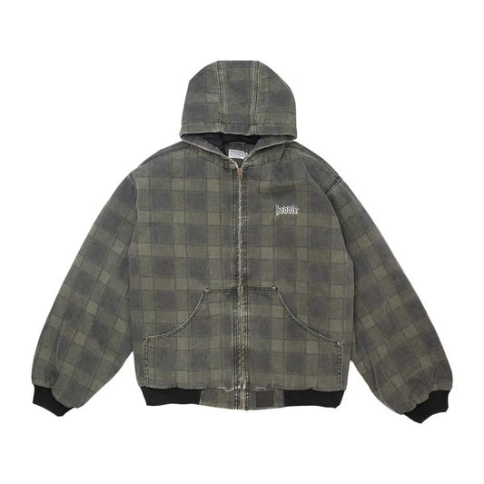 Hooded Quilted Denim Jacket - Green Plaid