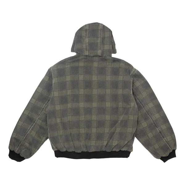 Hooded Quilted Denim Jacket - Green Plaid