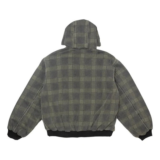Hooded Quilted Denim Jacket - Green Plaid